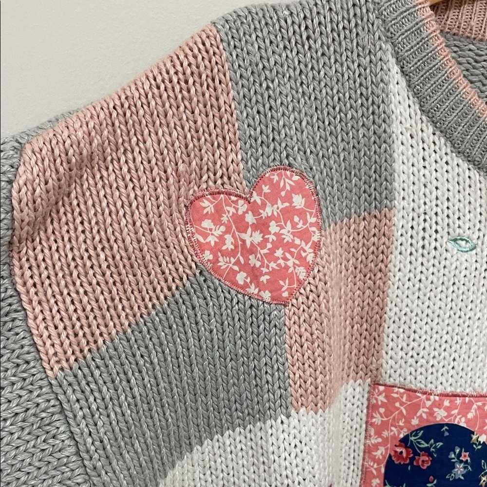 VINTAGE Patchwork Heart Knit Sweater - Pink, Gray & Cream, SIZE XL - Picture 2 of 8